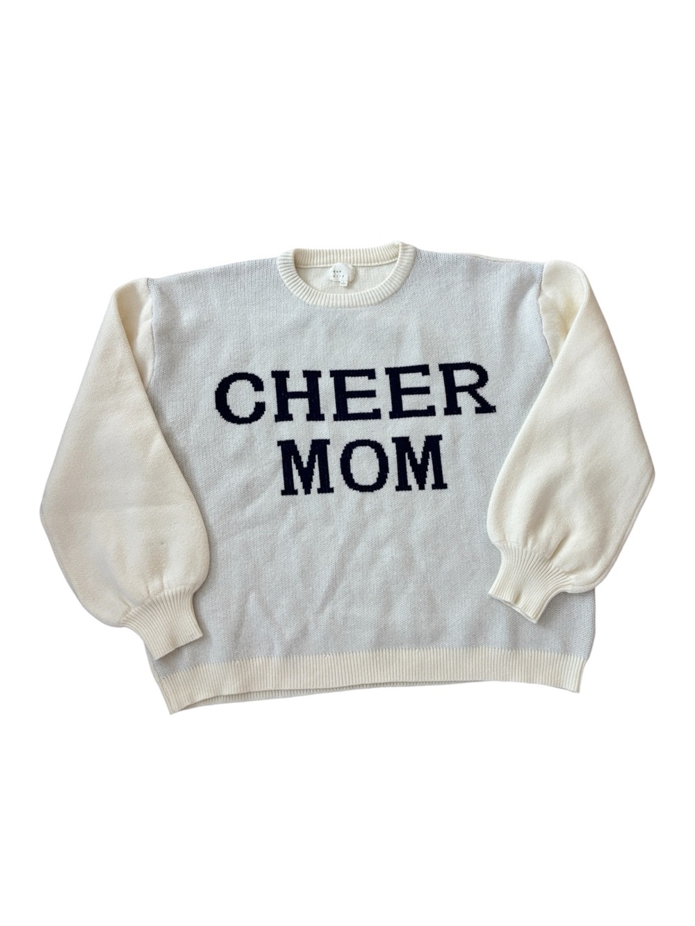 $89 Dee Elly Cream 'CHEER MOM' Knit Balloon Sleeve Sweater Large